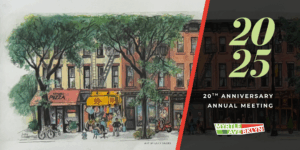 The background is a watercolor painting of Myrtle Avenue.