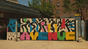 Colorful abstract mural spelling “MYRTLE AVENUE” across metal gates beside Bravo Supermarket, featuring bold geometric shapes, bright colors, and organic black-and-cream patterns.